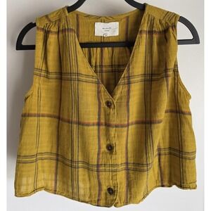 Amente Vest XS/S Yellow Plaid Cotton Sleeveless V-Neck Boho Casual Top